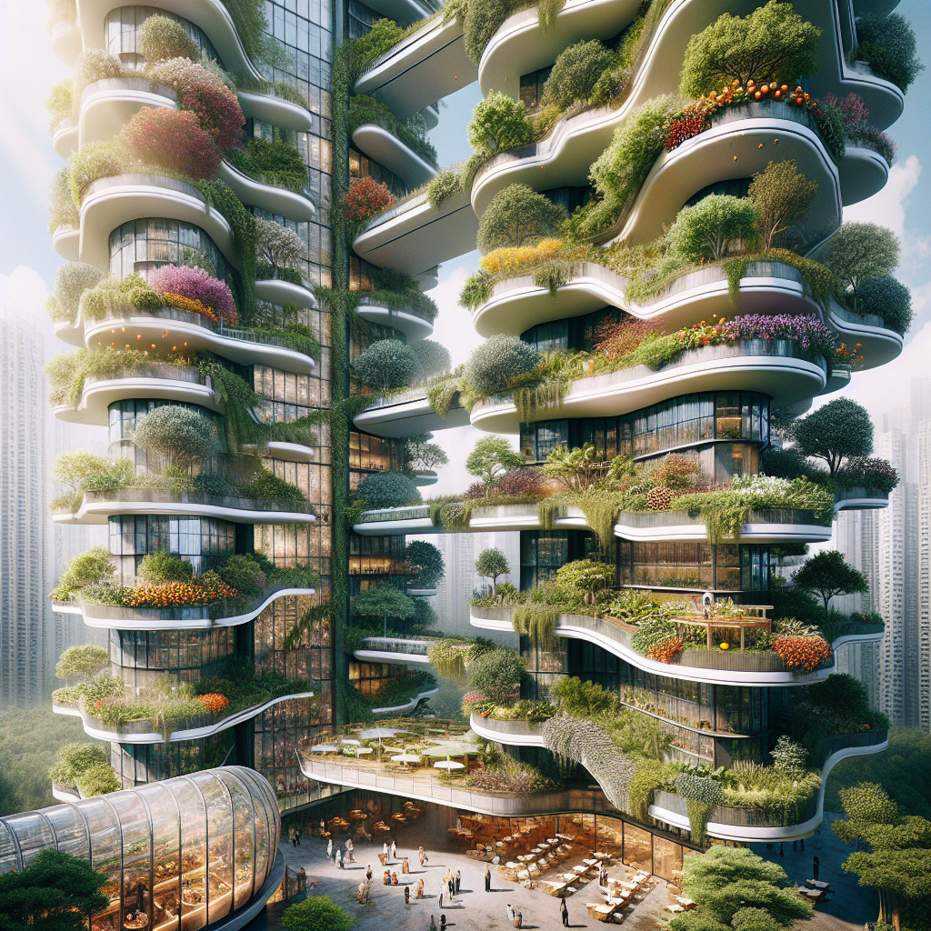 Futuristic Gravity Orchard Tower with hydroponic vertical orchards, glass atrium, seasonal façade, and eco-friendly high-rise design.