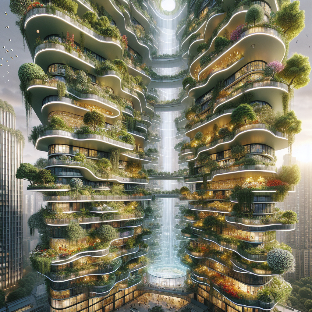 Futuristic Gravity Orchard Tower with hydroponic vertical orchards, glass atrium, seasonal façade, and eco-friendly high-rise design.