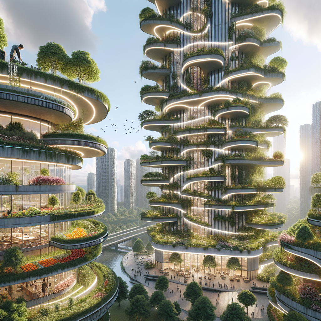 Futuristic Gravity Orchard Tower with hydroponic vertical orchards, glass atrium, seasonal façade, and eco-friendly high-rise design.