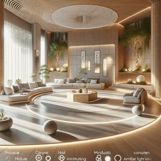 Futuristic holistic home interior merging Japandi minimalism, biophilic design, mindfulness pod, smart ambient lighting, and natural materials.