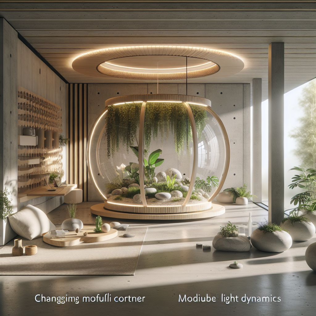 Futuristic holistic home interior merging Japandi minimalism, biophilic design, mindfulness pod, smart ambient lighting, and natural materials.