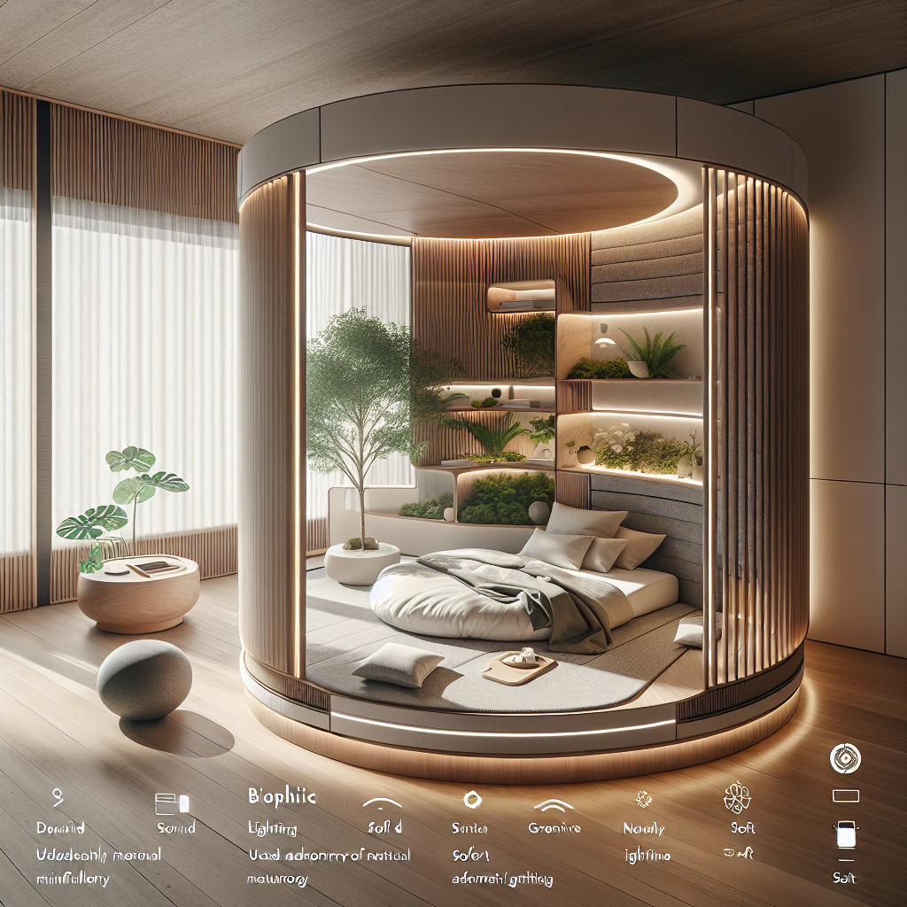 Futuristic holistic home interior merging Japandi minimalism, biophilic design, mindfulness pod, smart ambient lighting, and natural materials.