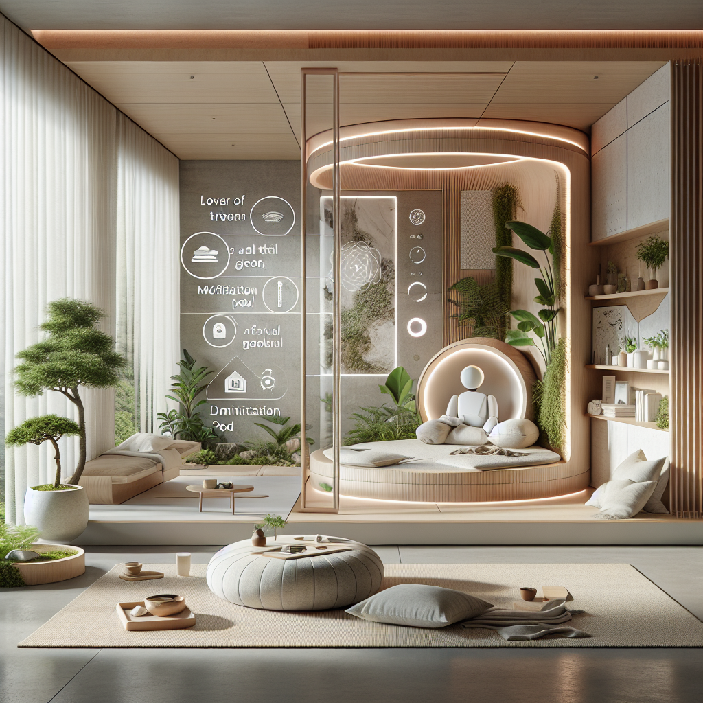 Futuristic holistic home interior merging Japandi minimalism, biophilic design, mindfulness pod, smart ambient lighting, and natural materials.