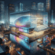 Hyperrealistic night view of a futuristic performing arts center with holographic glass façade glowing in spectral colors in an urban setting.