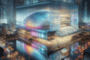 Hyperrealistic night view of a futuristic performing arts center with holographic glass façade glowing in spectral colors in an urban setting.