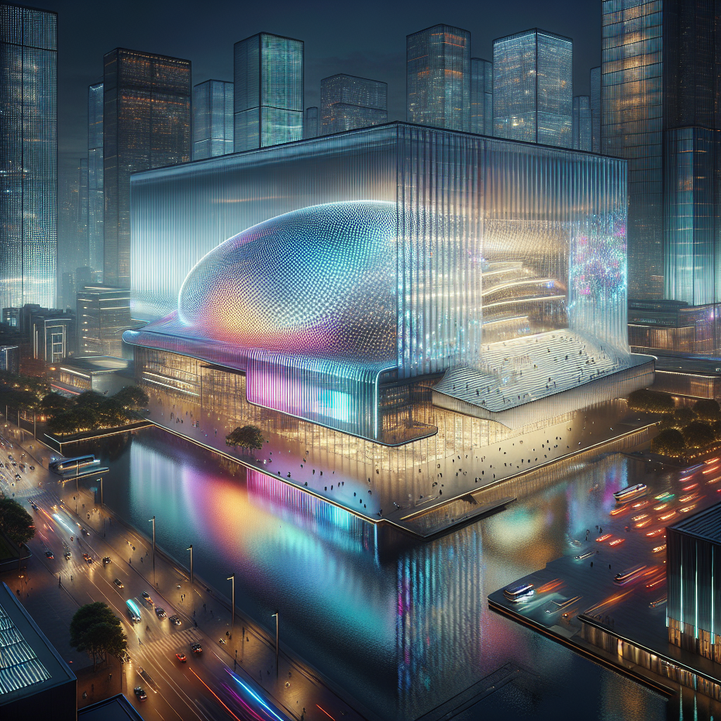 Hyperrealistic night view of a futuristic performing arts center with holographic glass façade glowing in spectral colors in an urban setting.