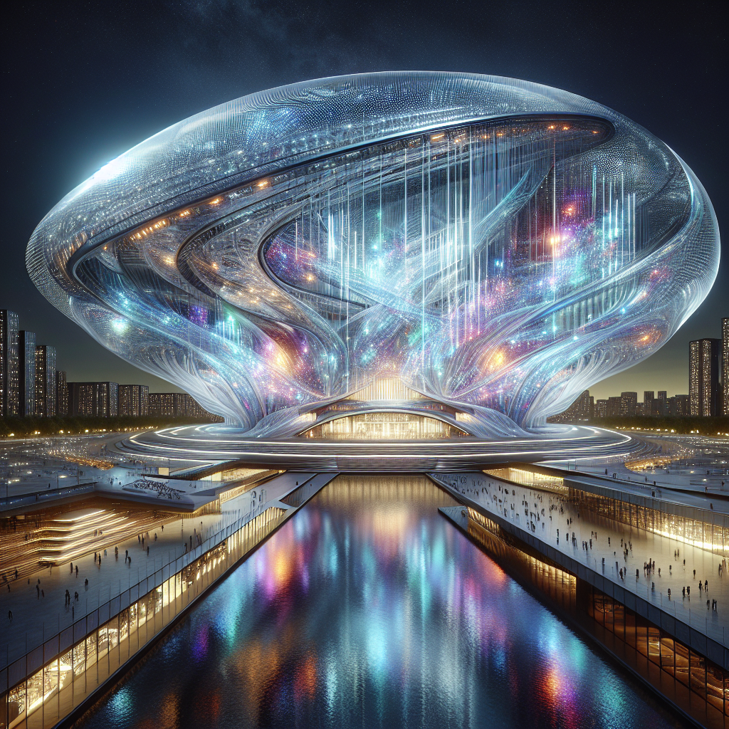 Hyperrealistic night view of a futuristic performing arts center with holographic glass façade glowing in spectral colors in an urban setting.