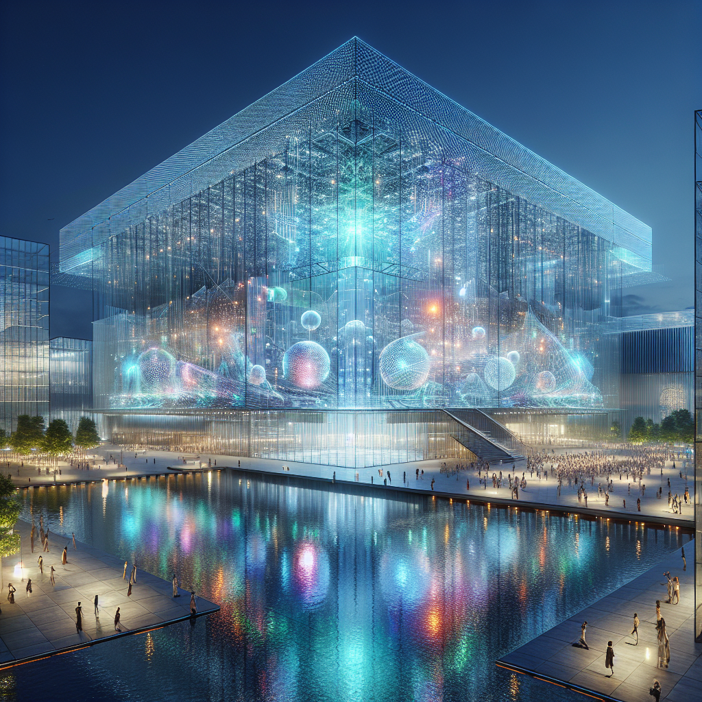 Hyperrealistic night view of a futuristic performing arts center with holographic glass façade glowing in spectral colors in an urban setting.