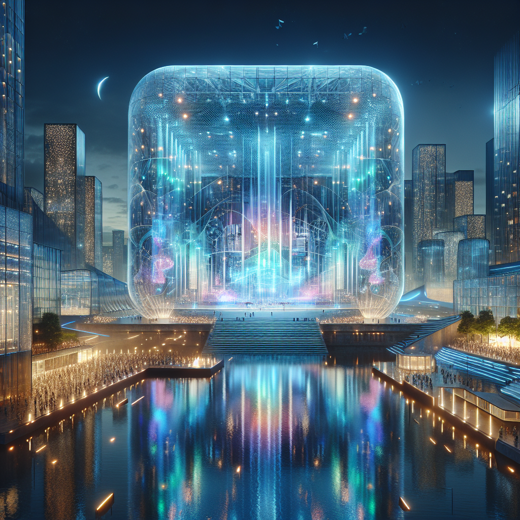 Hyperrealistic night view of a futuristic performing arts center with holographic glass façade glowing in spectral colors in an urban setting.