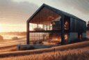 Hyperrealistic modern minimalist barn at golden hour blending rustic charm and contemporary architecture in a serene rural landscape.