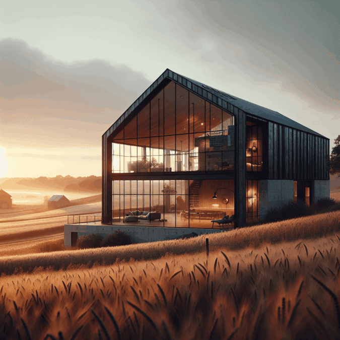 Hyperrealistic modern minimalist barn at golden hour blending rustic charm and contemporary architecture in a serene rural landscape.