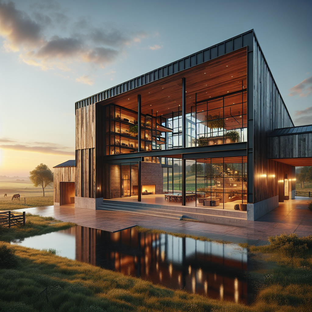 Hyperrealistic modern minimalist barn at golden hour blending rustic charm and contemporary architecture in a serene rural landscape.