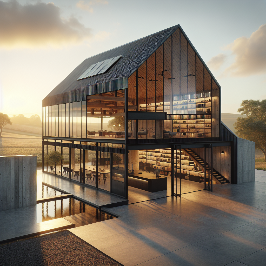Hyperrealistic modern minimalist barn at golden hour blending rustic charm and contemporary architecture in a serene rural landscape.