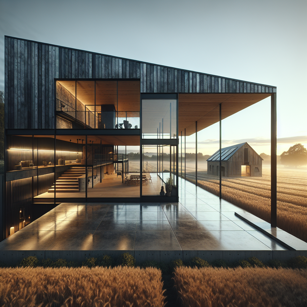 Hyperrealistic modern minimalist barn at golden hour blending rustic charm and contemporary architecture in a serene rural landscape.