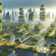 Aerial view of futuristic eco-city skyline with rooftop forests, native greenery, glass towers, and people enjoying sustainable urban nature.