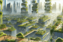 Aerial view of futuristic eco-city skyline with rooftop forests, native greenery, glass towers, and people enjoying sustainable urban nature.