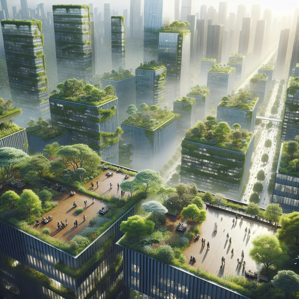 Aerial view of futuristic eco-city skyline with rooftop forests, native greenery, glass towers, and people enjoying sustainable urban nature.