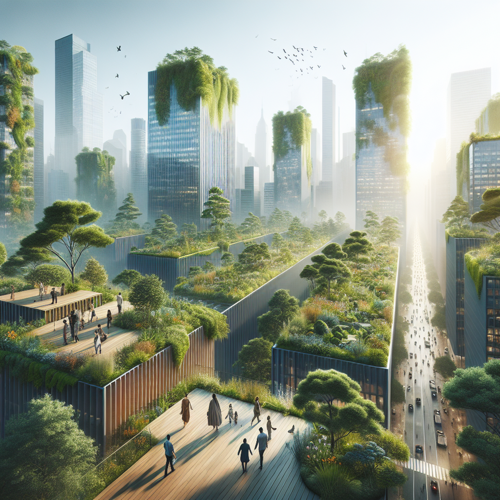 Aerial view of futuristic eco-city skyline with rooftop forests, native greenery, glass towers, and people enjoying sustainable urban nature.
