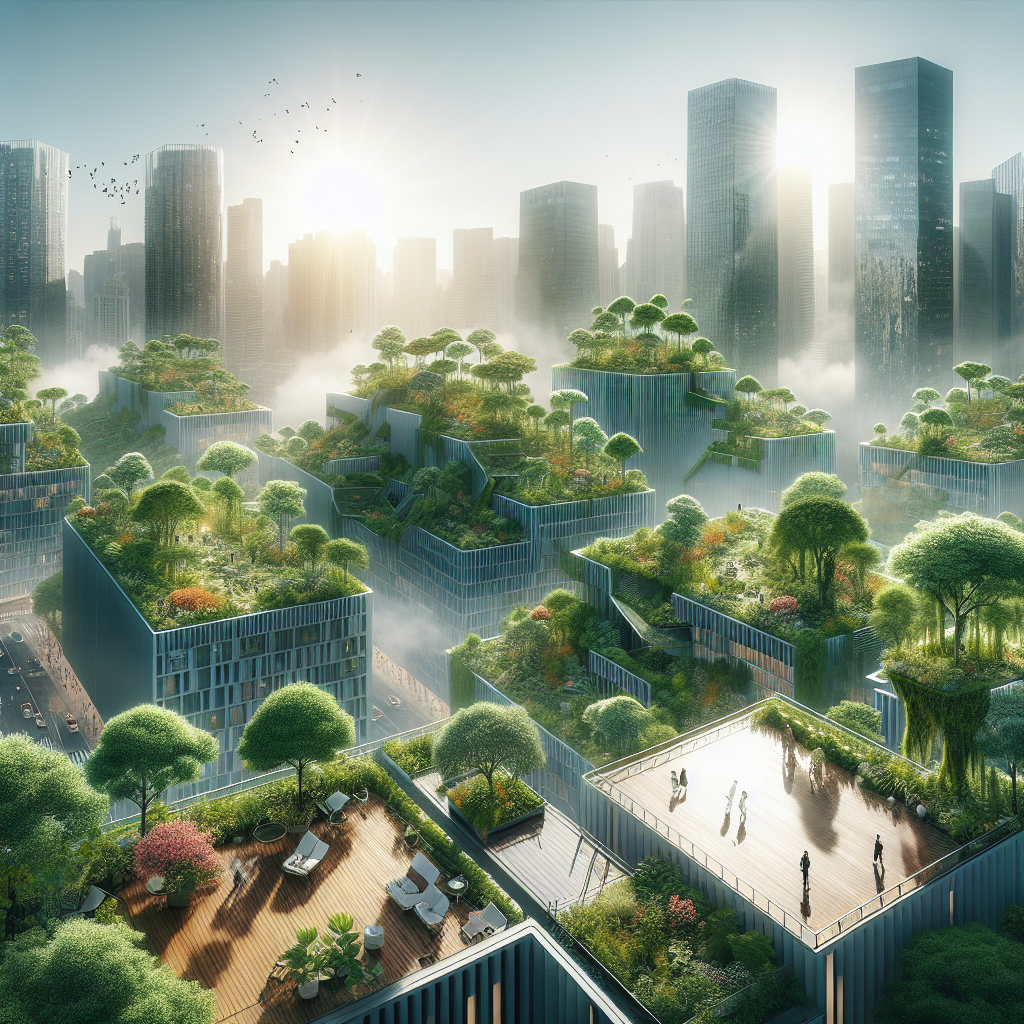 Aerial view of futuristic eco-city skyline with rooftop forests, native greenery, glass towers, and people enjoying sustainable urban nature.