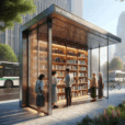 Hyperrealistic modern urban bus stop micro-library with glass, wood, and steel design, commuters reading, solar LEDs, and green city backdrop.