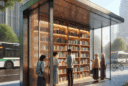 Hyperrealistic modern urban bus stop micro-library with glass, wood, and steel design, commuters reading, solar LEDs, and green city backdrop.