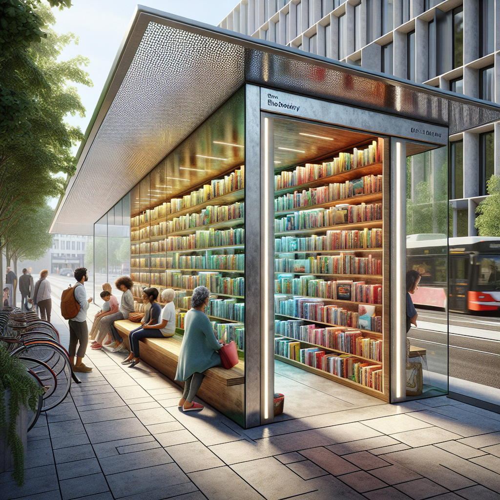 Hyperrealistic modern urban bus stop micro-library with glass, wood, and steel design, commuters reading, solar LEDs, and green city backdrop.
