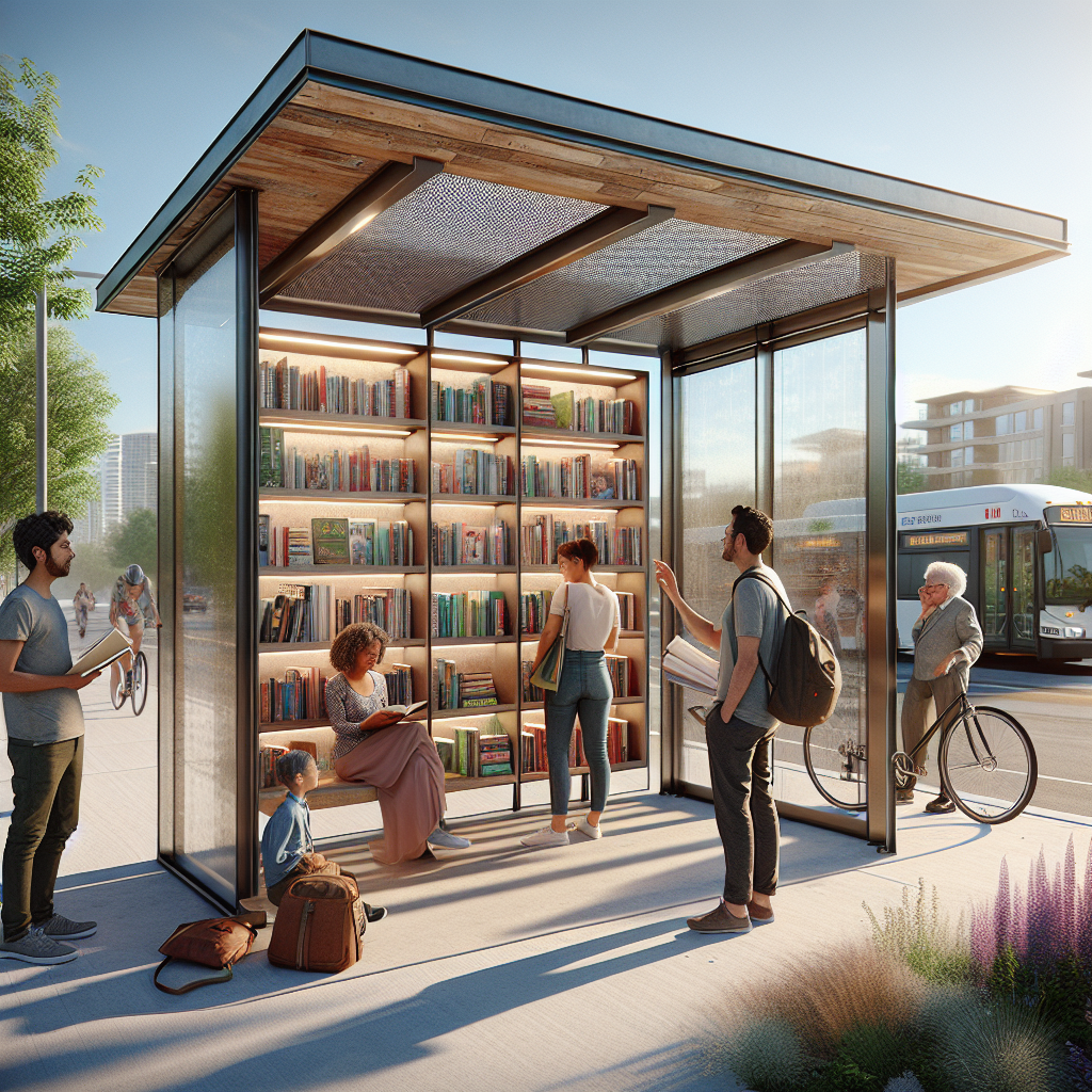 Hyperrealistic modern urban bus stop micro-library with glass, wood, and steel design, commuters reading, solar LEDs, and green city backdrop.