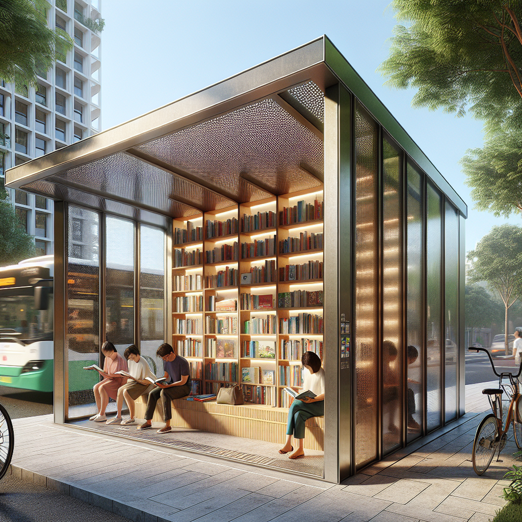 Hyperrealistic modern urban bus stop micro-library with glass, wood, and steel design, commuters reading, solar LEDs, and green city backdrop.