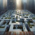 Hyperrealistic rooftop labyrinth at dusk in a modern cityscape, blending minimal concrete design, greenery, and people meditating in calm atmosphere.