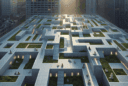 Hyperrealistic rooftop labyrinth at dusk in a modern cityscape, blending minimal concrete design, greenery, and people meditating in calm atmosphere.
