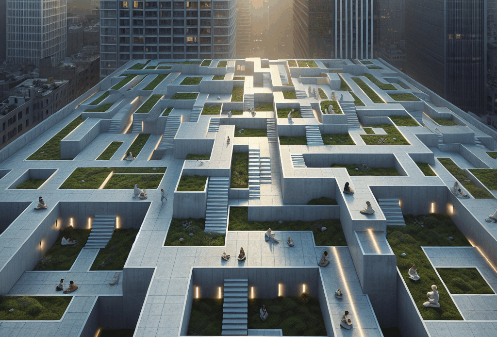 Hyperrealistic rooftop labyrinth at dusk in a modern cityscape, blending minimal concrete design, greenery, and people meditating in calm atmosphere.