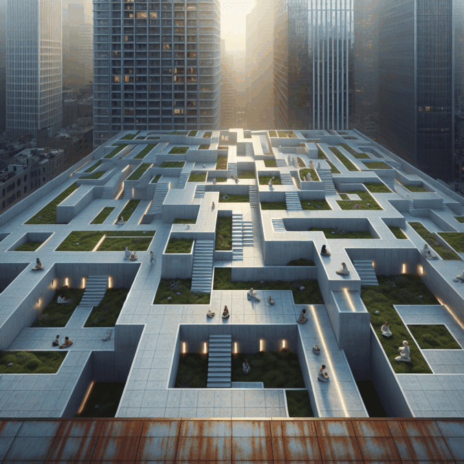 Hyperrealistic rooftop labyrinth at dusk in a modern cityscape, blending minimal concrete design, greenery, and people meditating in calm atmosphere.