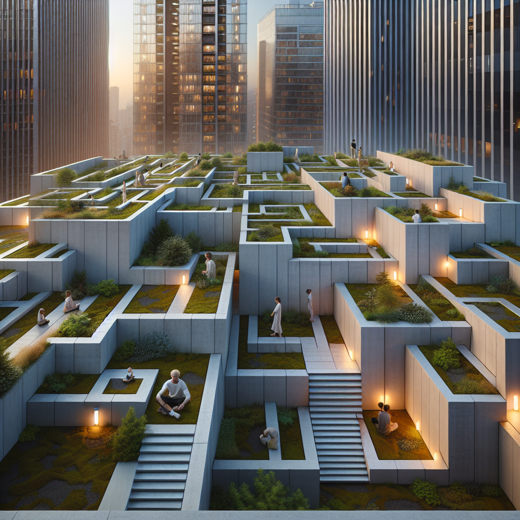 Hyperrealistic rooftop labyrinth at dusk in a modern cityscape, blending minimal concrete design, greenery, and people meditating in calm atmosphere.