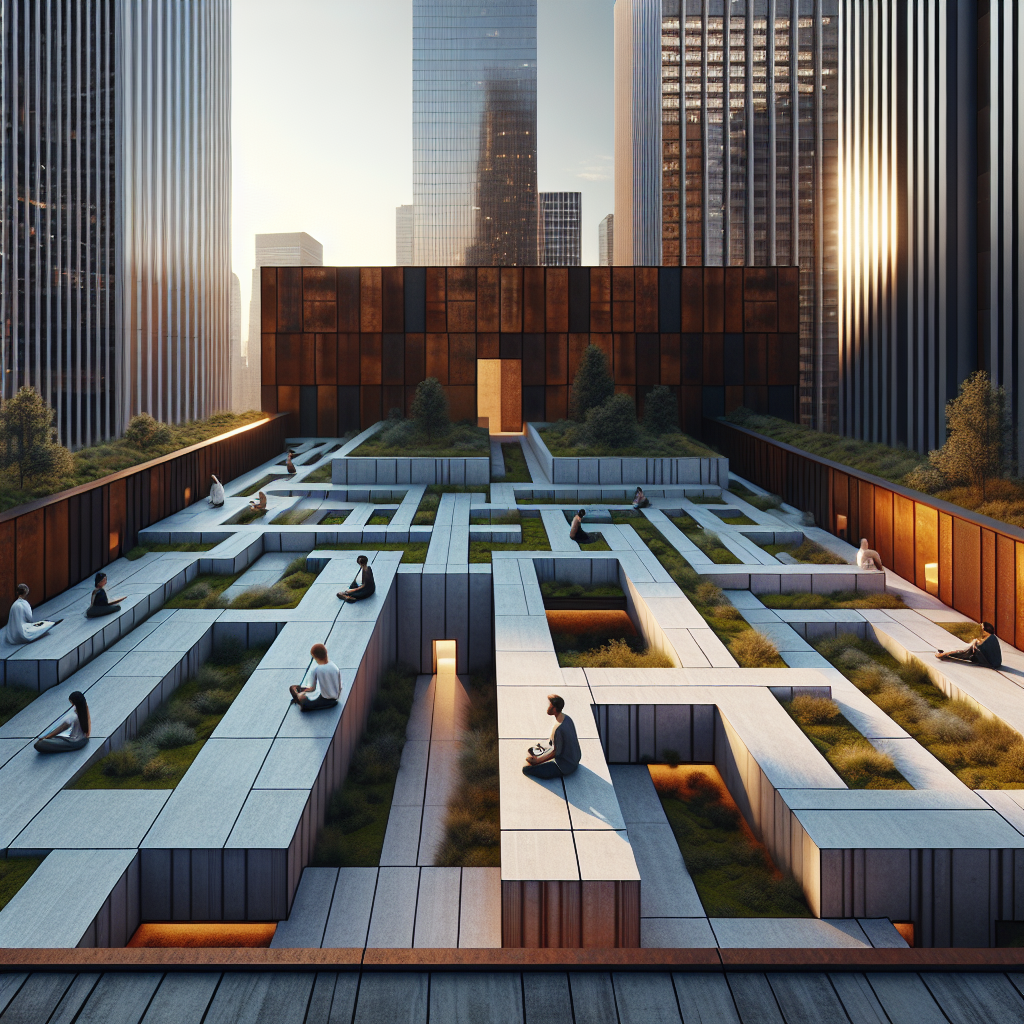 Hyperrealistic rooftop labyrinth at dusk in a modern cityscape, blending minimal concrete design, greenery, and people meditating in calm atmosphere.