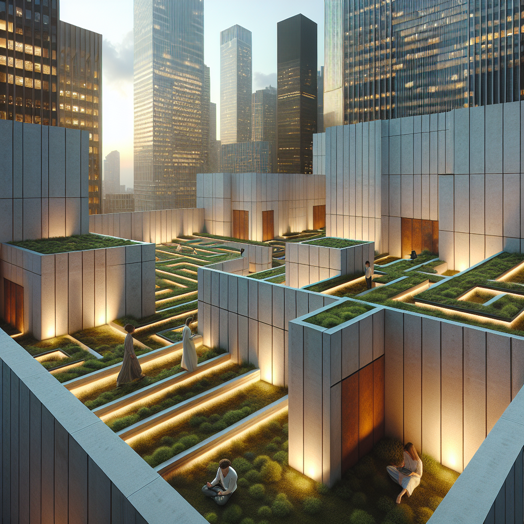 Hyperrealistic rooftop labyrinth at dusk in a modern cityscape, blending minimal concrete design, greenery, and people meditating in calm atmosphere.