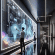 Futuristic interactive mural in modern architectural interior glowing and shifting colors via touch, blending art, technology, and biophilic design.