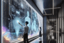 Futuristic interactive mural in modern architectural interior glowing and shifting colors via touch, blending art, technology, and biophilic design.