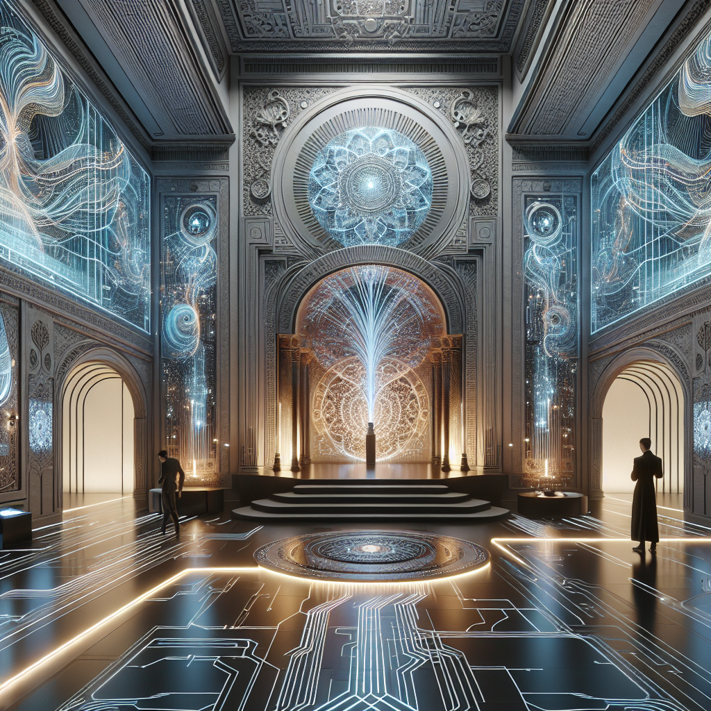 Futuristic interactive mural in modern architectural interior glowing and shifting colors via touch, blending art, technology, and biophilic design.
