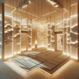 Hyperrealistic modern pavilion interior with glowing recycled paper partitions, Japanese minimalist design, ambient LED light, and sustainable serenity.