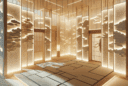 Hyperrealistic modern pavilion interior with glowing recycled paper partitions, Japanese minimalist design, ambient LED light, and sustainable serenity.