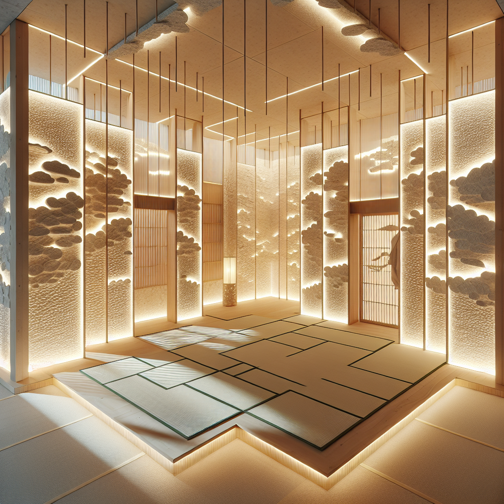 Hyperrealistic modern pavilion interior with glowing recycled paper partitions, Japanese minimalist design, ambient LED light, and sustainable serenity.