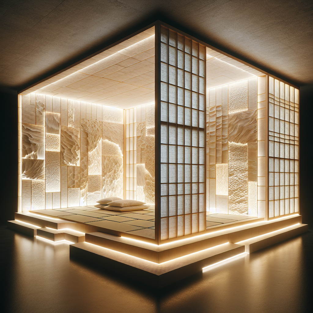 Hyperrealistic modern pavilion interior with glowing recycled paper partitions, Japanese minimalist design, ambient LED light, and sustainable serenity.