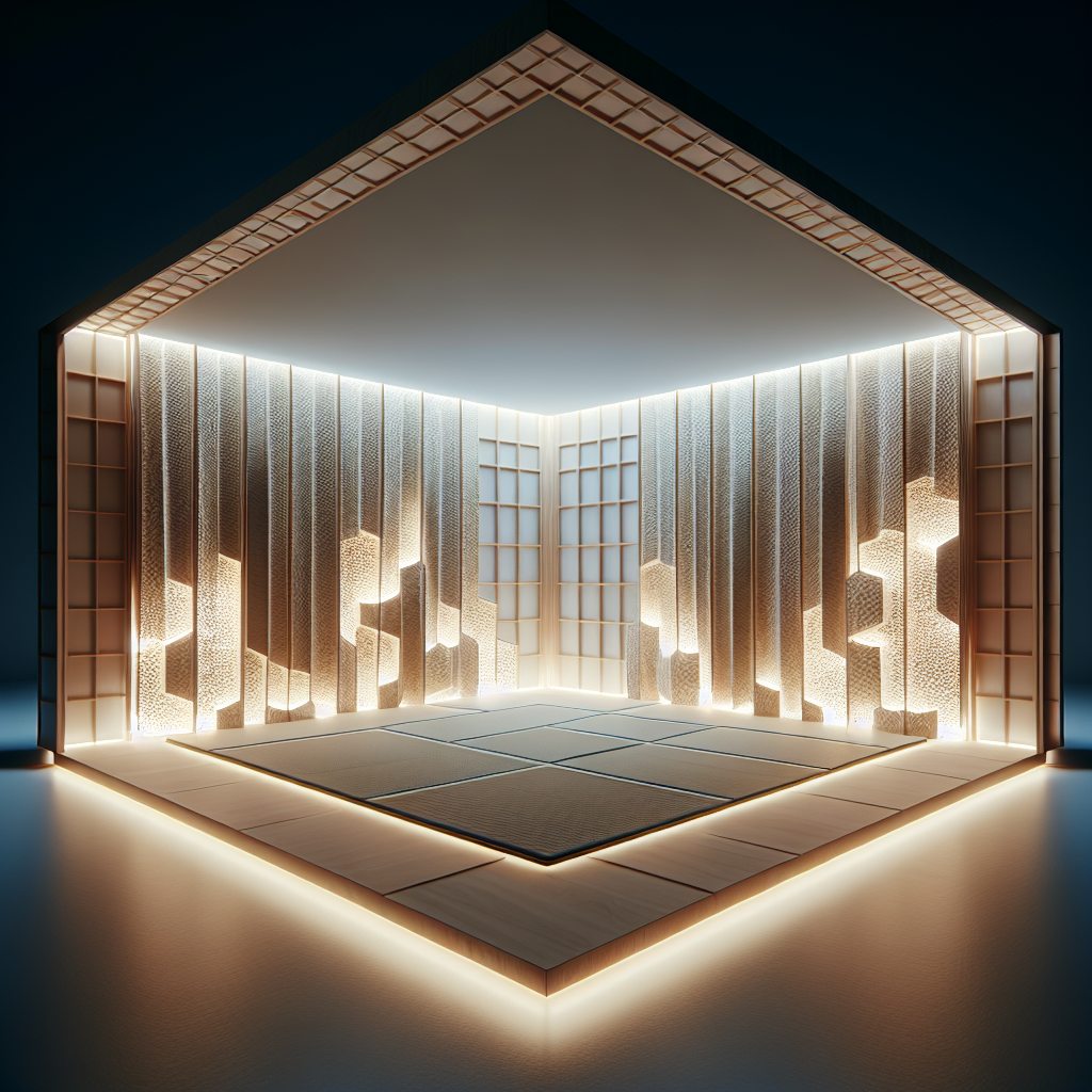 Hyperrealistic modern pavilion interior with glowing recycled paper partitions, Japanese minimalist design, ambient LED light, and sustainable serenity.