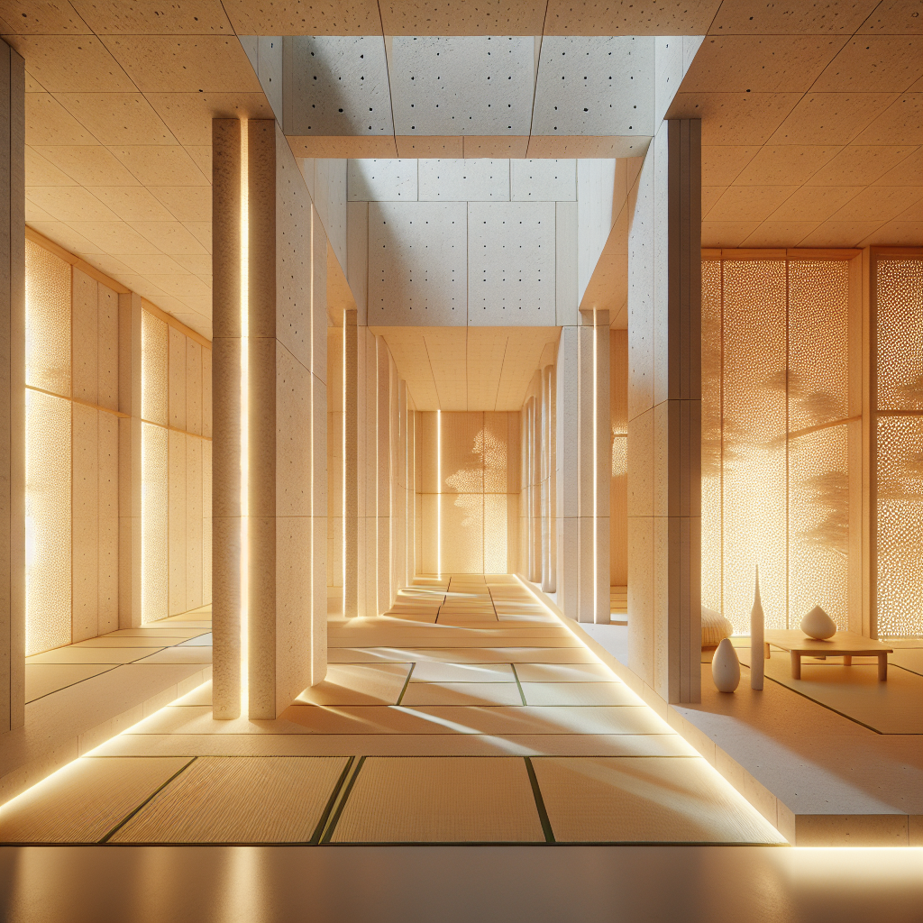 Hyperrealistic modern pavilion interior with glowing recycled paper partitions, Japanese minimalist design, ambient LED light, and sustainable serenity.