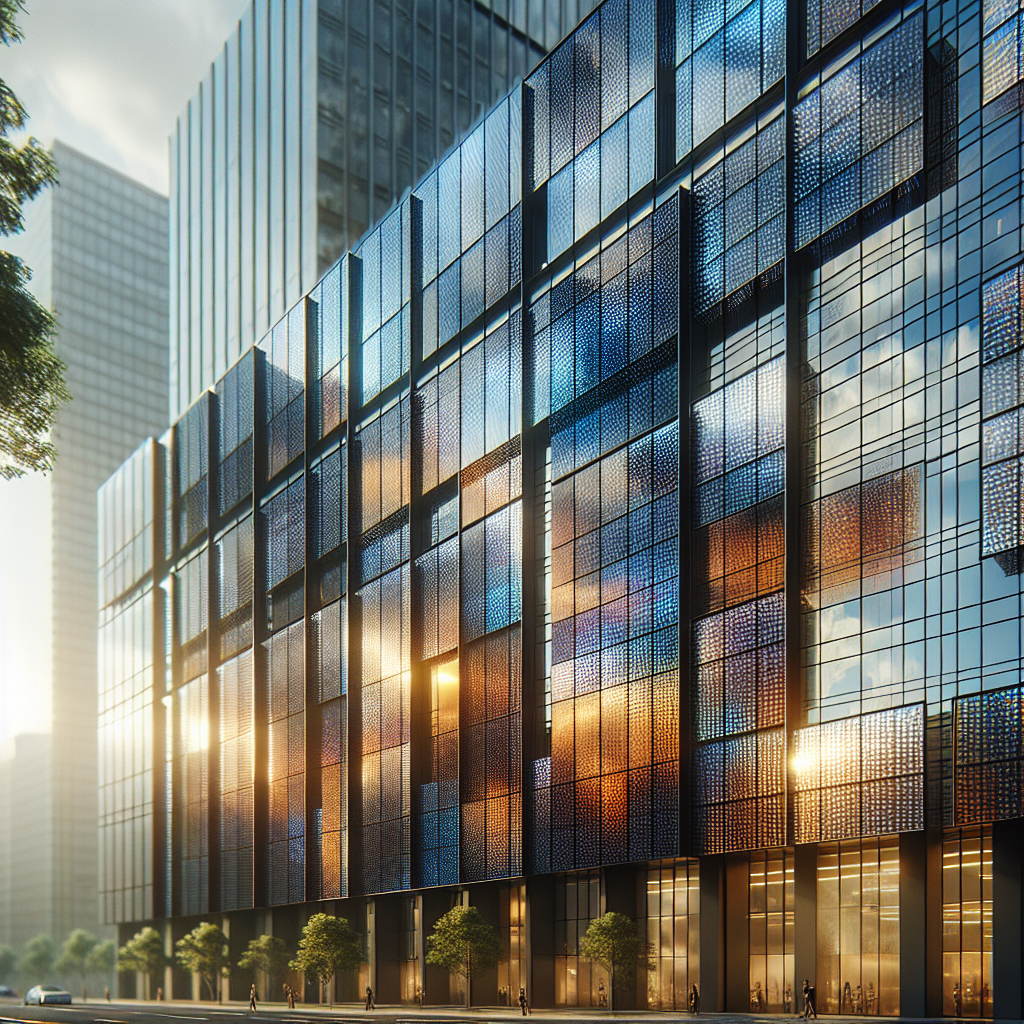 Hyperrealistic modern building façade with photovoltaic mosaic cladding of iridescent glass tiles, showcasing sustainable architectural design.