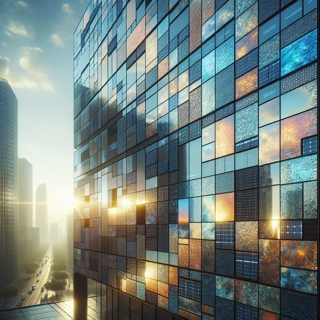 Hyperrealistic modern building façade with photovoltaic mosaic cladding of iridescent glass tiles, showcasing sustainable architectural design.