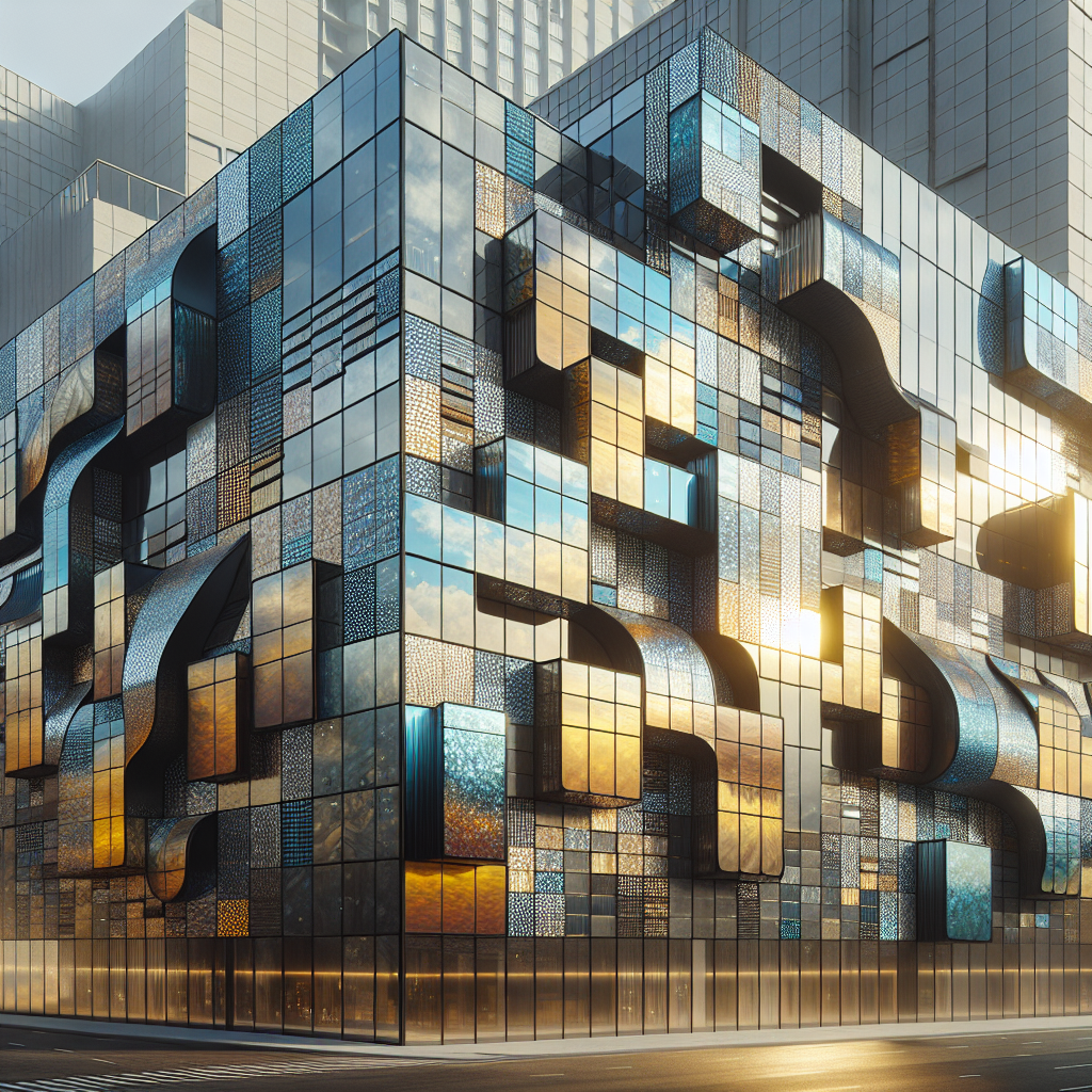 Hyperrealistic modern building façade with photovoltaic mosaic cladding of iridescent glass tiles, showcasing sustainable architectural design.