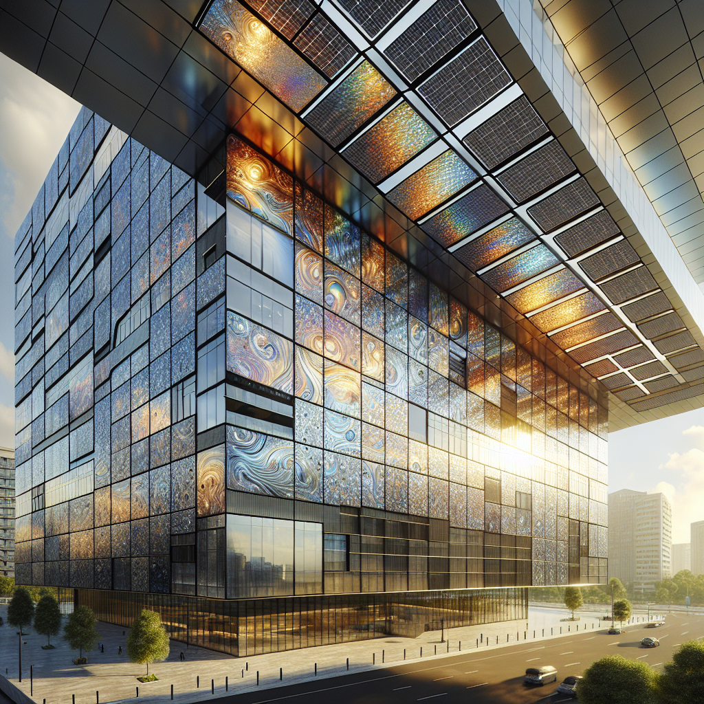 Hyperrealistic modern building façade with photovoltaic mosaic cladding of iridescent glass tiles, showcasing sustainable architectural design.