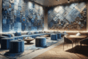 Hyperrealistic sustainable interior with reclaimed denim wall art, layered blue textures, modern eco furniture, and warm textured lighting.