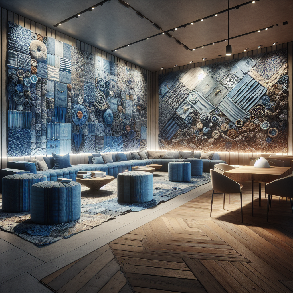 Hyperrealistic sustainable interior with reclaimed denim wall art, layered blue textures, modern eco furniture, and warm textured lighting.